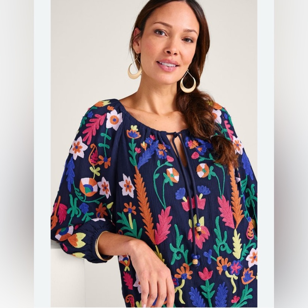 Soft Surroundings Banjara Embroidered Blouse Navy XS